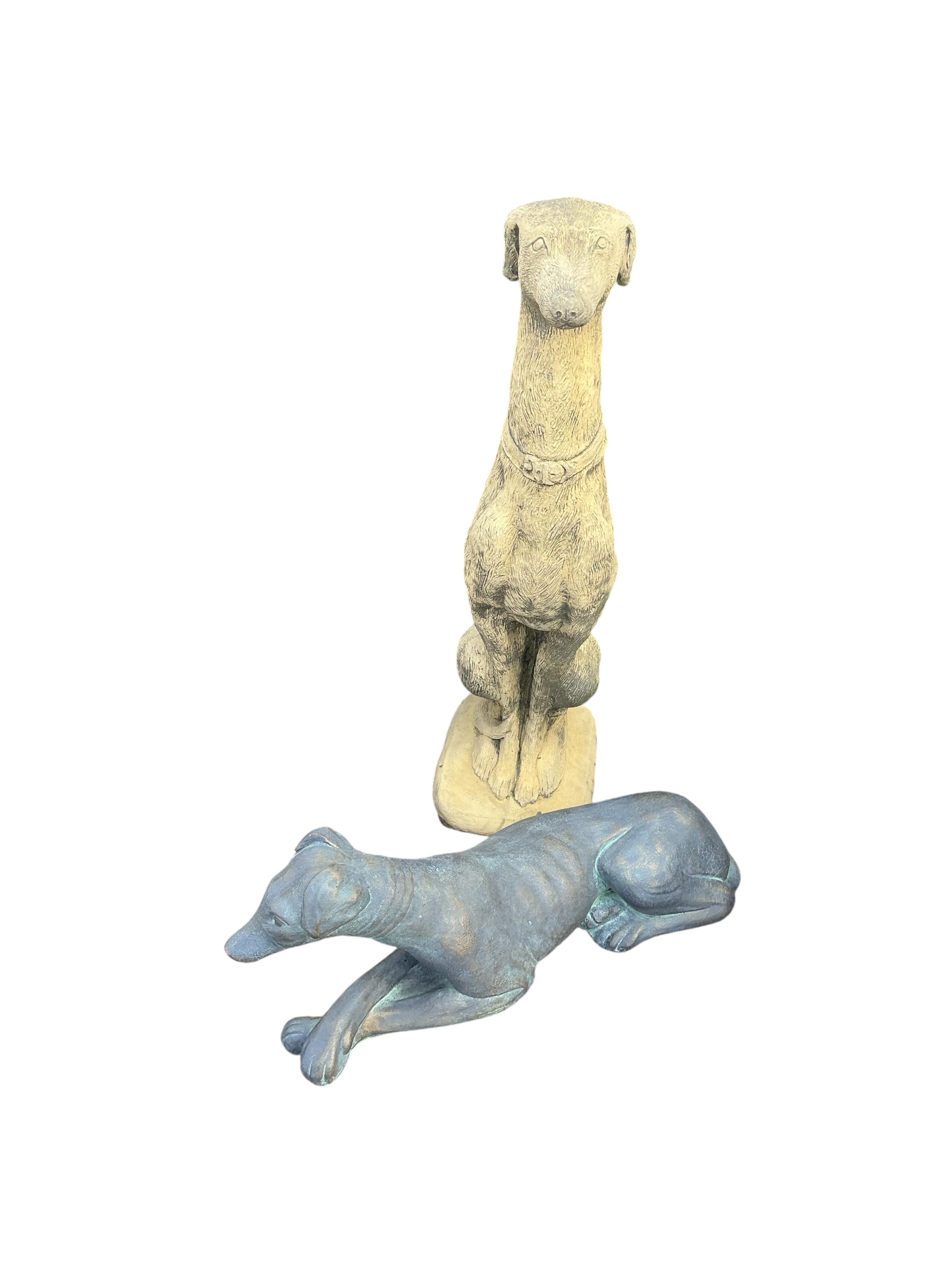 Three cast stone greyhound ornaments, largest height 74cm